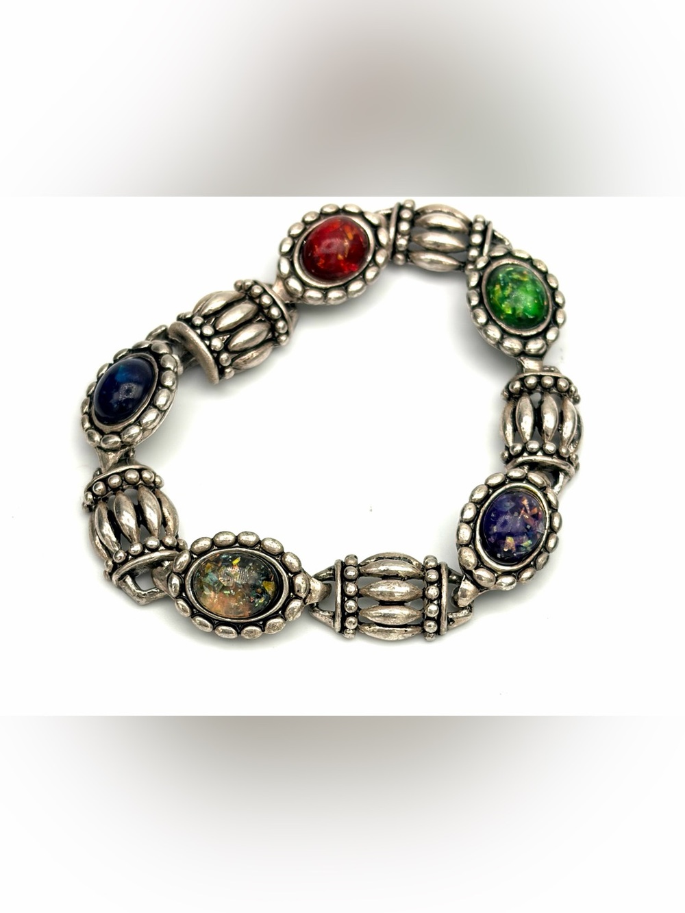 1980s Confetti Glass Multi Colored Cabachon Link Bracelet - Silver Tone